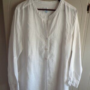 NWOT SIGRID OLSEN Linen Button Down Blouse XL White Roll Tab Sleeves Pockets